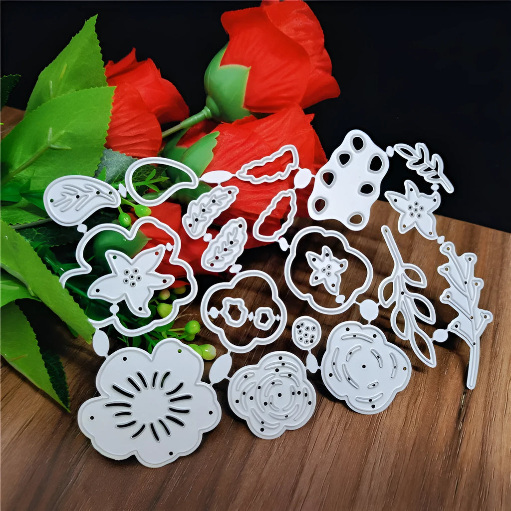 Silver carbon steel flower knife mold for paper cutting measuring 14.3 by 9.9 cm with etched plant design