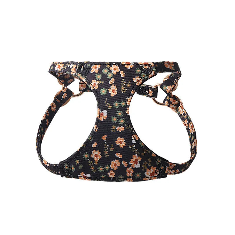Floral cloth pet harness and leash set for small dogs in multiple colour options