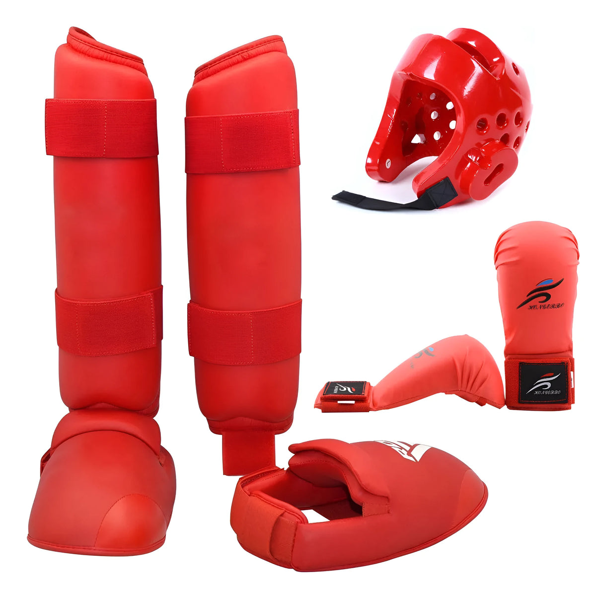 Red and blue martial arts protective gear set showing leg guards and a helmet on a white background.