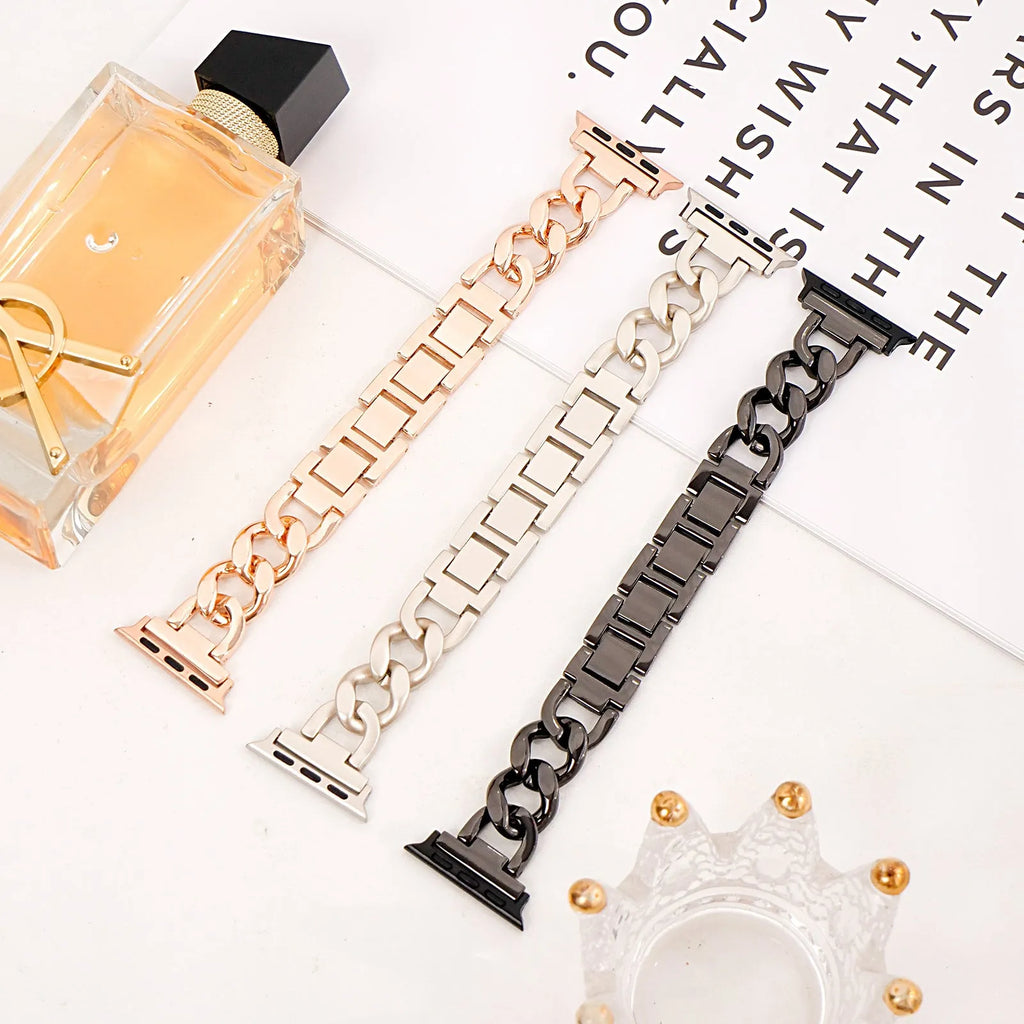 Denim chain metal watch strap for Apple Watch in silver, black, gold, rose gold, and starlight colour options