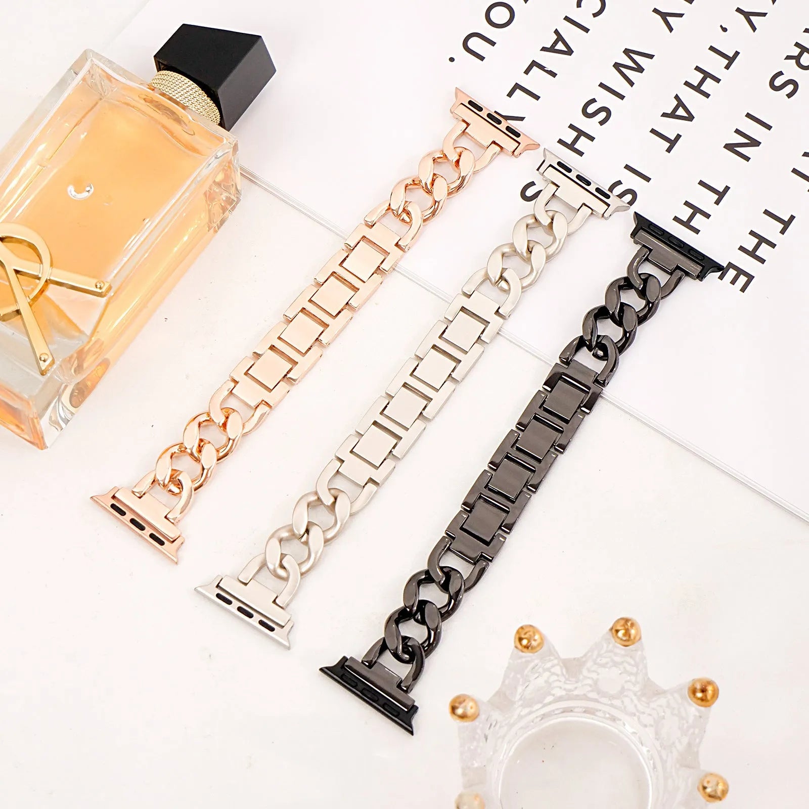 Denim chain metal watch strap for Apple Watch in silver, black, gold, rose gold, and starlight colour options