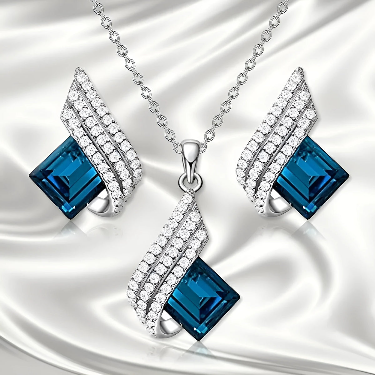 Women's necklace and earring set with cross chain design in alloy and glass with electroplated finish