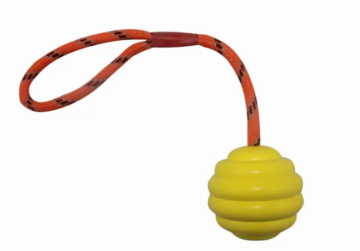 Multi-colour rubber ball pet toy with rope knot, measuring 6cm diameter by 30cm length