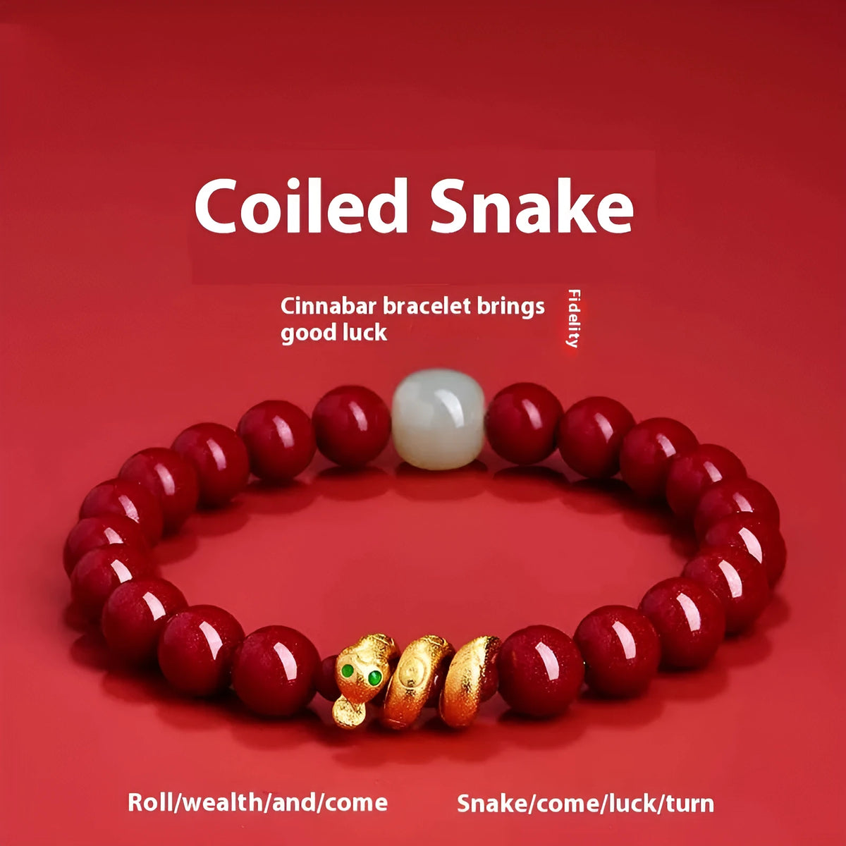 Handmade cinnabar Chinese zodiac snake bracelet with traditional bead design