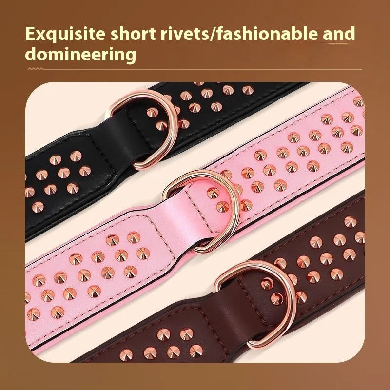 Genuine leather dog collar with metal rivet studs and a strong metal buckle in black, chocolate, or pink colour.