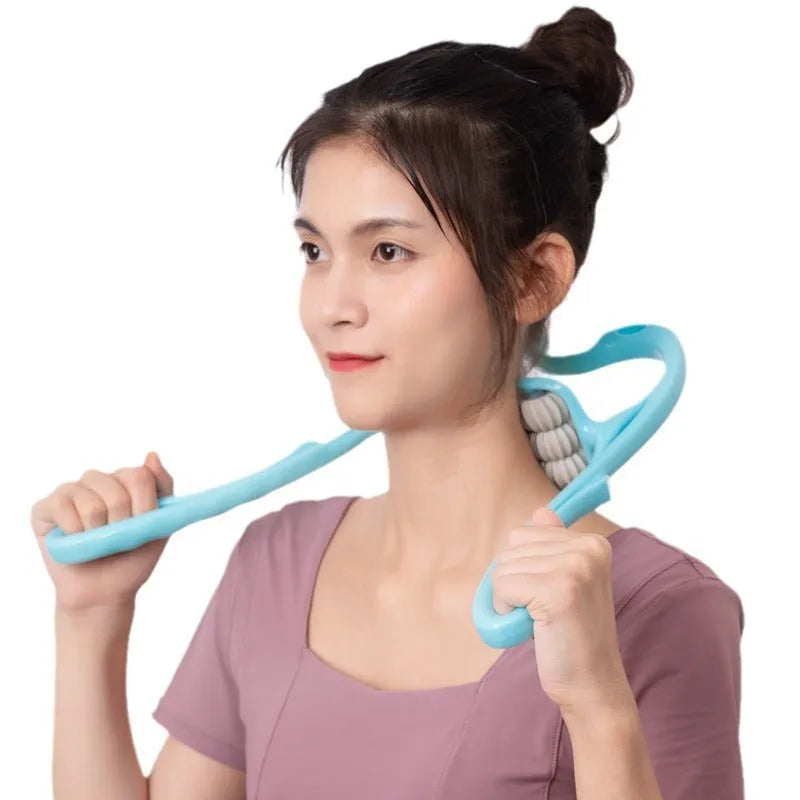Blue handheld plastic massager with six rotating wheels for neck, shoulder, and back.