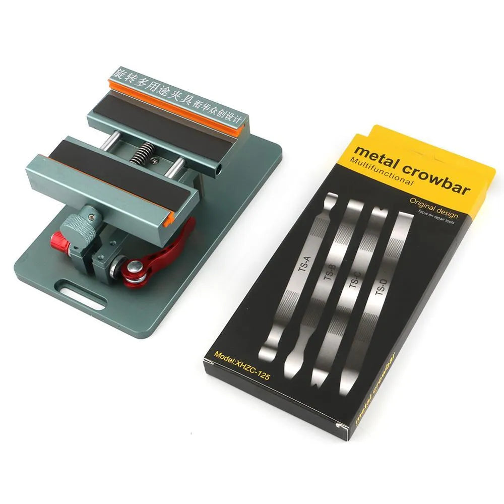 Mobile phone repair fixture with adjustable grip and silicone padding for glass cover removal