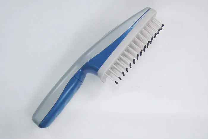 Pet comb with negative ion technology showing removable brush head and 78 comb teeth for grooming with active oxygen release