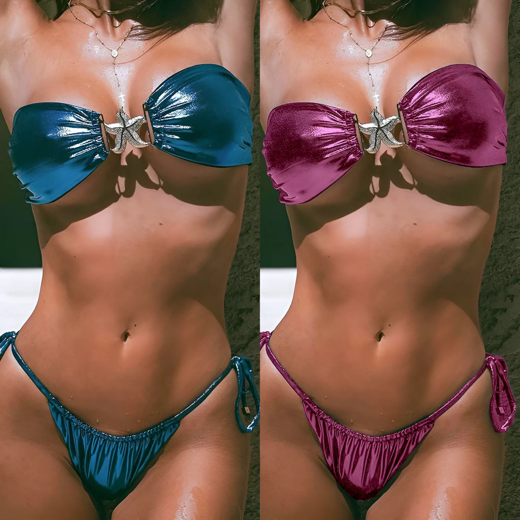Women's glossy tube top bikini set with gold starfish design in sapphire blue