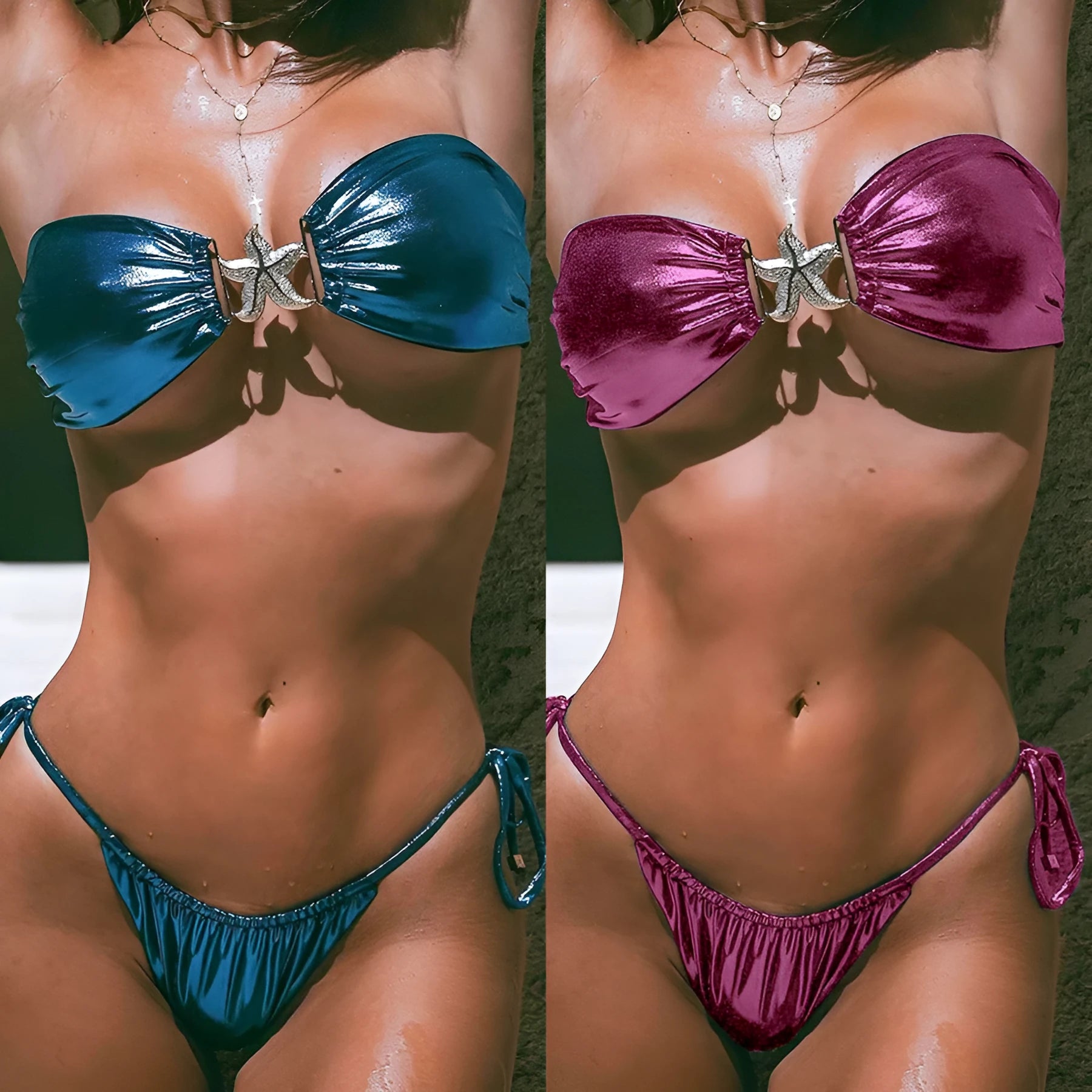 Women's glossy tube top bikini set with gold starfish design in sapphire blue