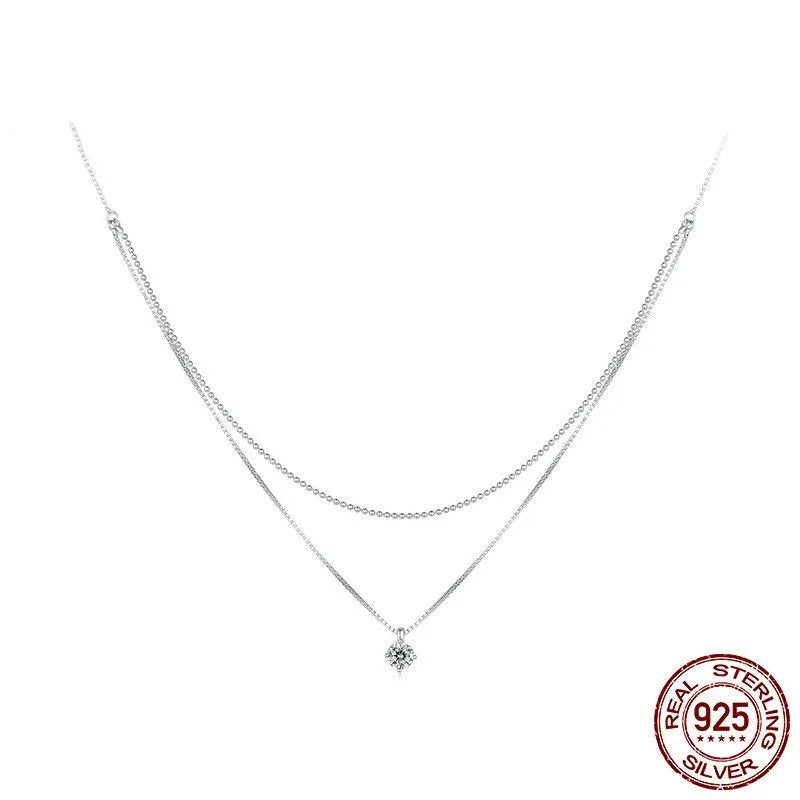 S925 sterling silver double-layer necklace with pearl chain in silver colour.