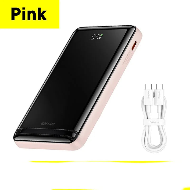 Slim magnetic wireless power bank in blue colour showing compact dimensions and charging cable