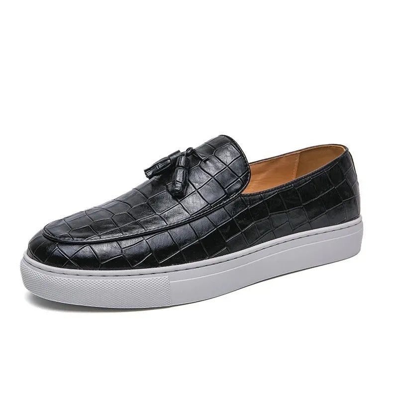 Men's black tassel sneakers with round toe and rubber sole in extended sizes