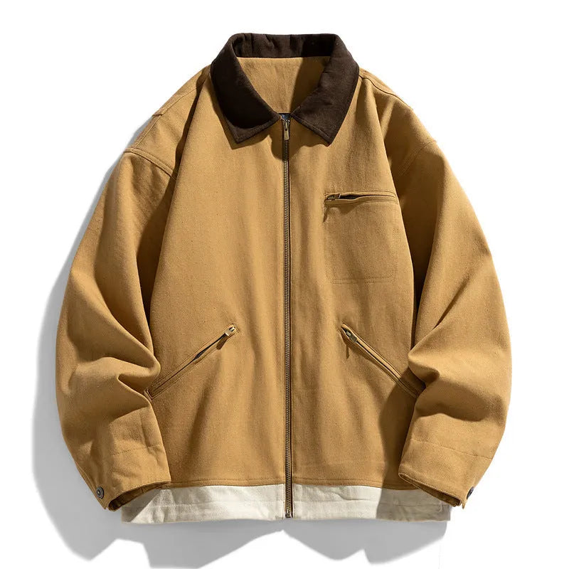 Mens loose fit retro workwear jacket with contrast lapels and side seam pockets