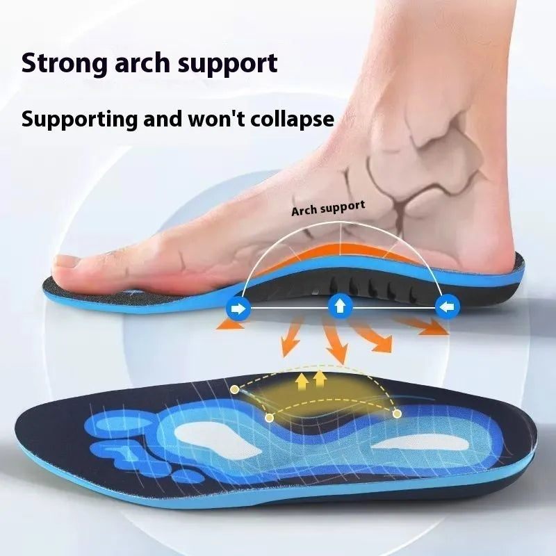 Blue and green PU flat foot correction insoles showing arch support structure