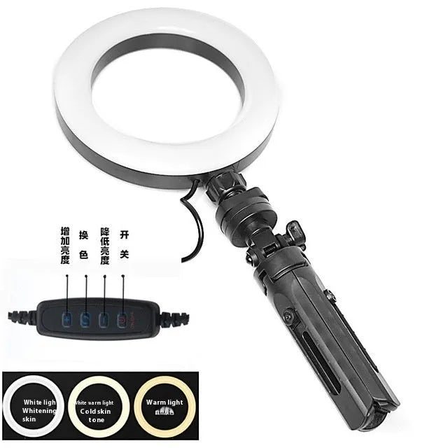 Black desktop phone bracket with adjustable fill light and tripod for mobile streaming