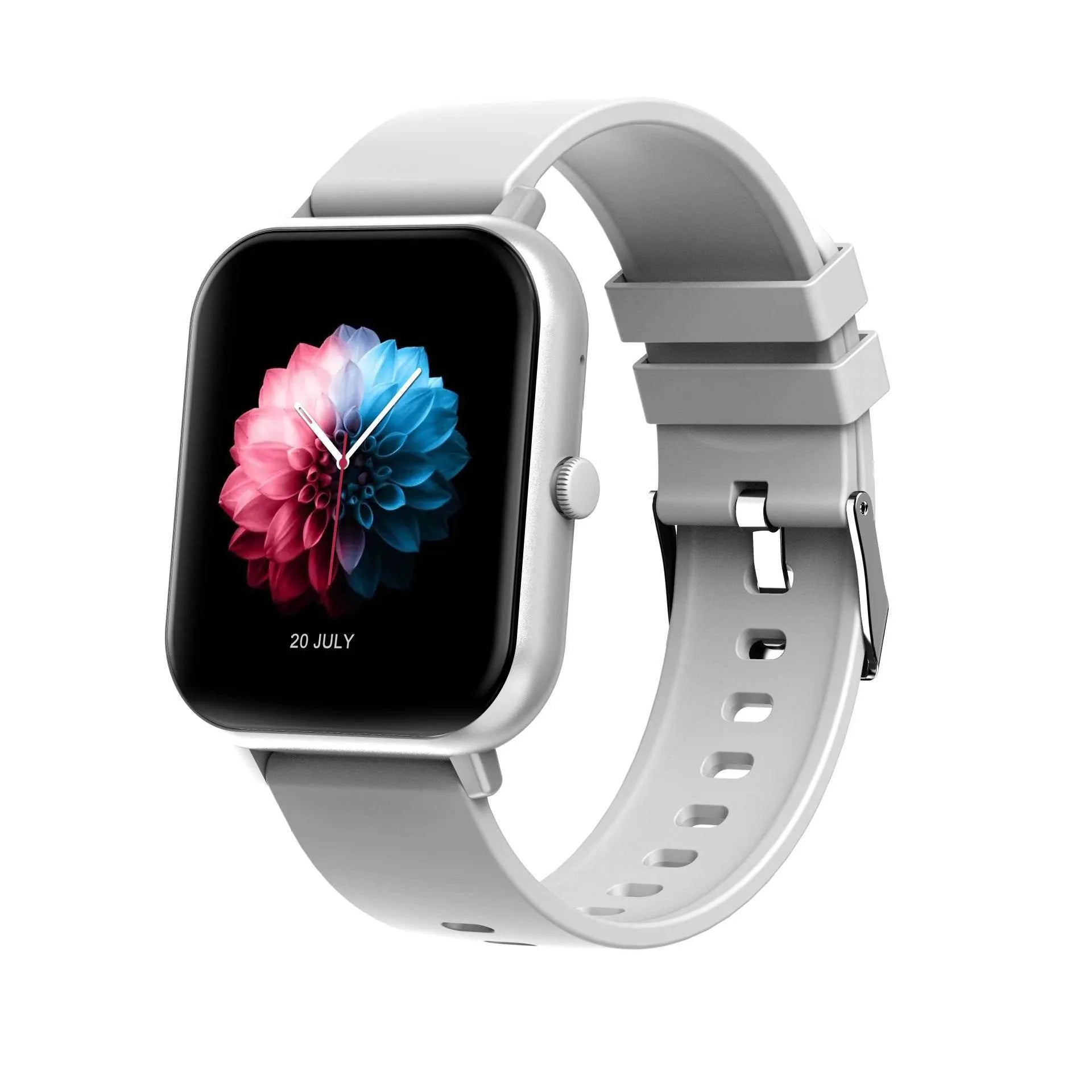 Bluetooth smart watch on wrist showing TFT screen, available in black, pink, silver gray, or khaki.