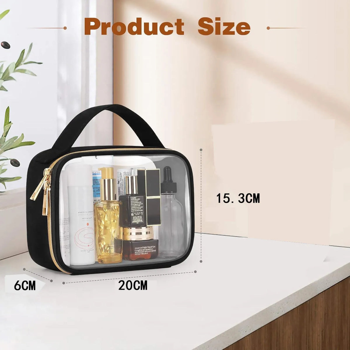 Transparent PVC lipstick storage wash bag with carrying chain in leopard print colour.