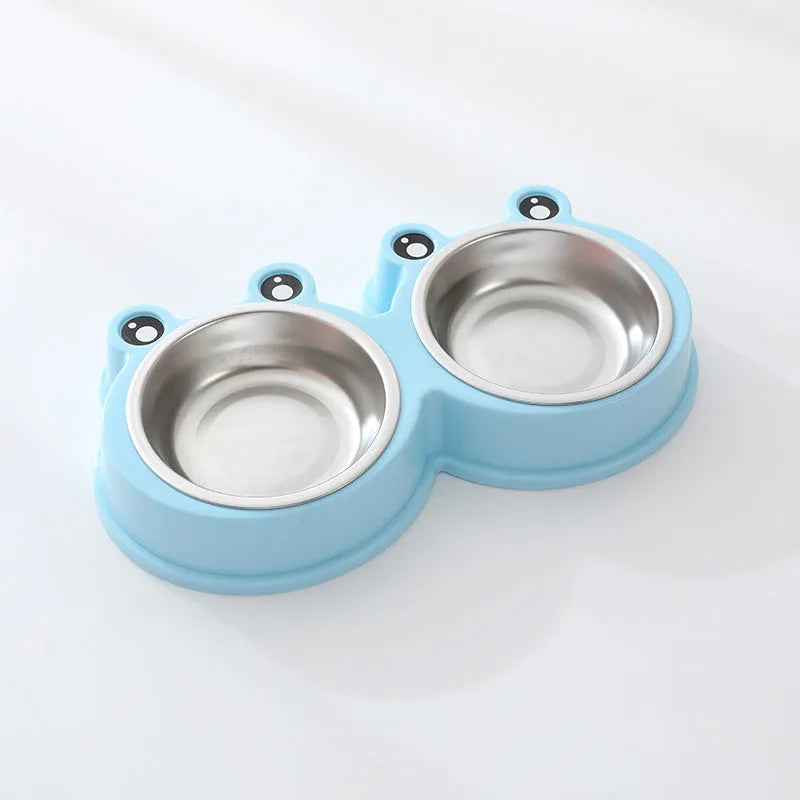 Blue frog-shaped stainless steel double pet bowl for food and water, shown in large size.
