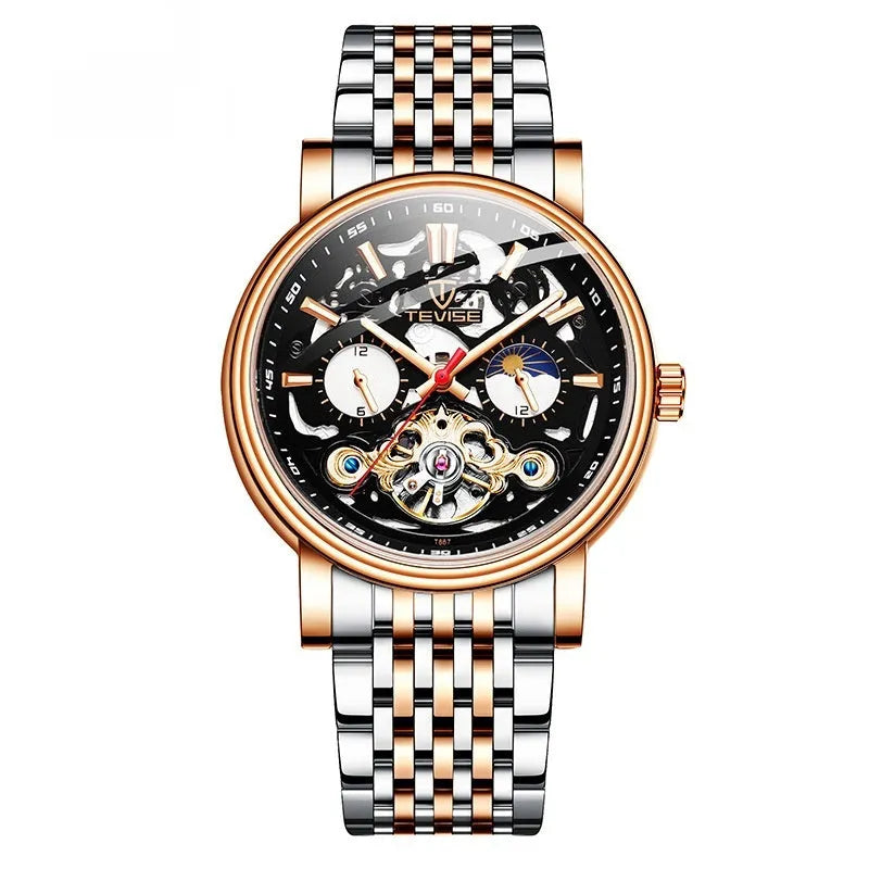 Men's T867 series tourbillon mechanical watch with waterproof design and luminous hands