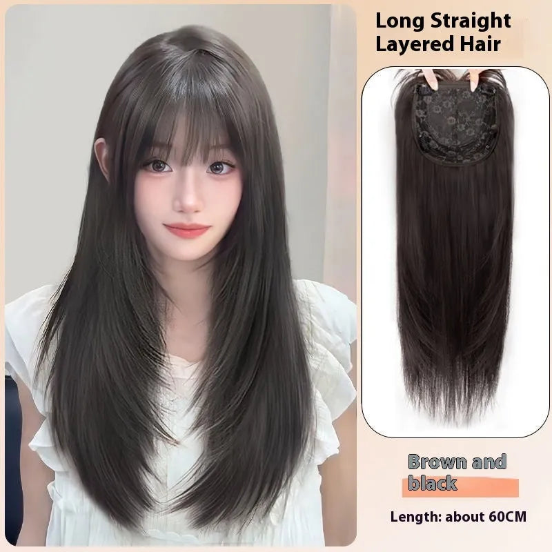 Black long straight high layered full-head wig for women made from high-temperature fibre