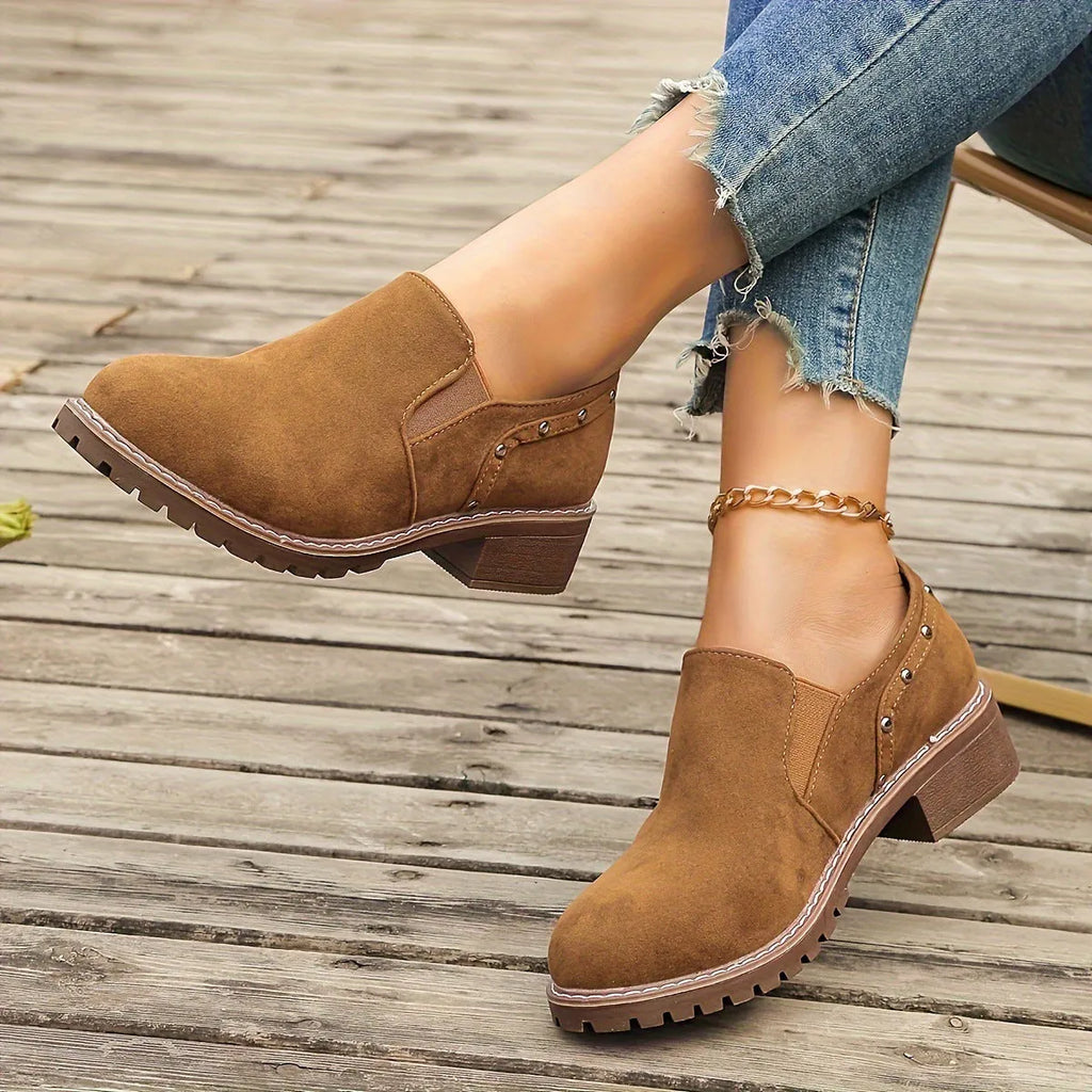 Plus size women's light brown suede ankle boots with low thick heel and elastic band