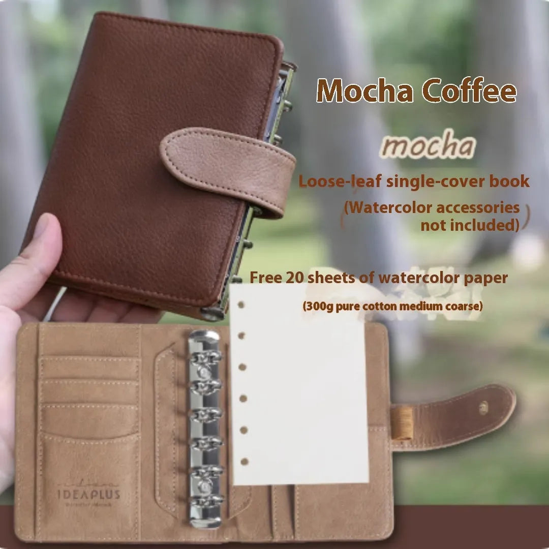 A7 format loose-leaf watercolour book in avocado green, hazelnut brown, mango pudding, mocha coffee and rainforest green.