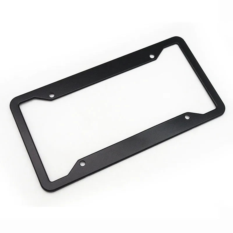 Aluminium alloy license plate frame in choice of four finishes next to a car registration plate.