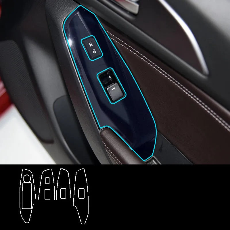 Four TPU protective films for a 14-19 car door control panel, showing transparent and black finish options.