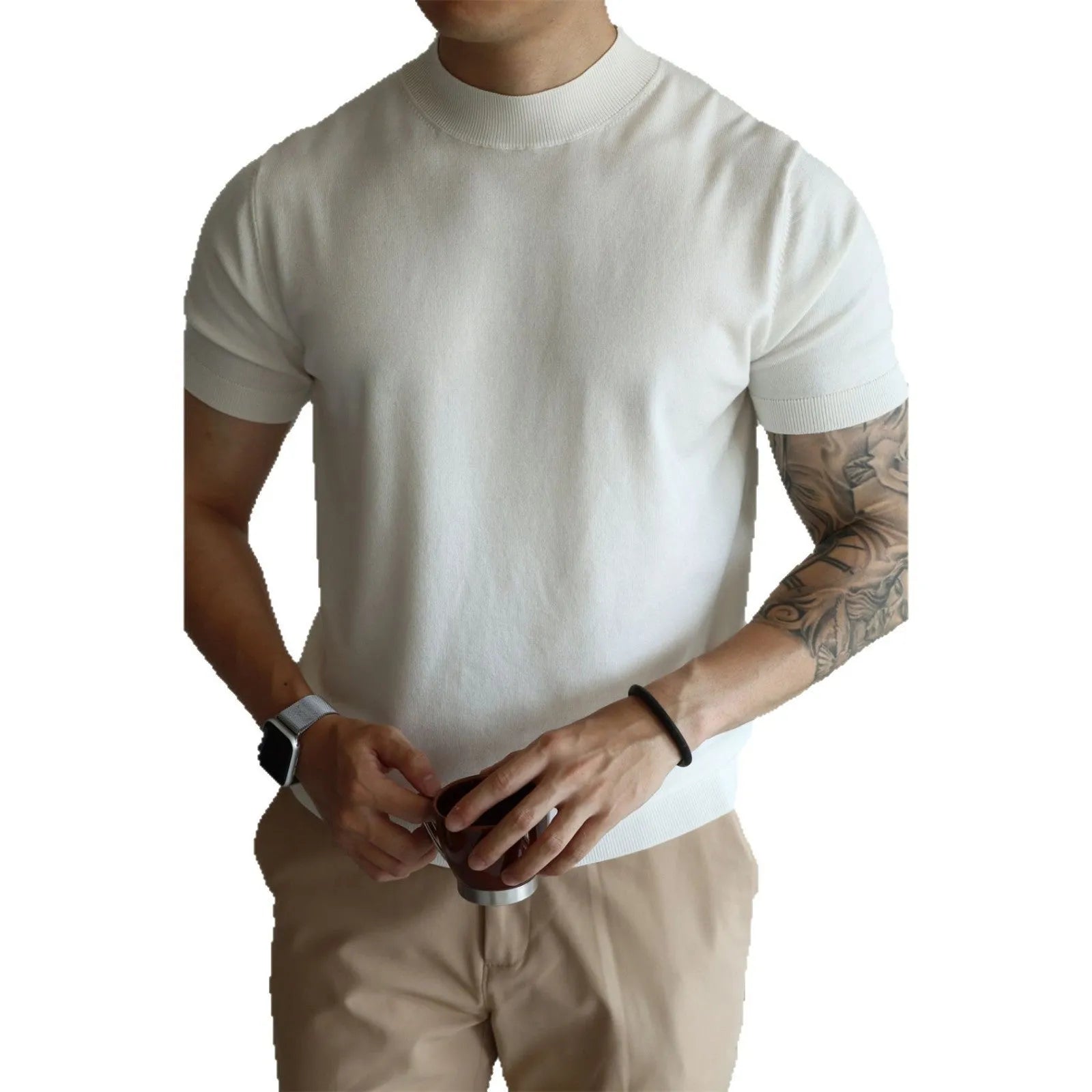 Men's slim-fit short sleeve t-shirt in thin polyester knit, shown in a solid colour.