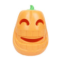 Orange Halloween pumpkin shaped dog chew toy with a treat-dispensing funnel opening.