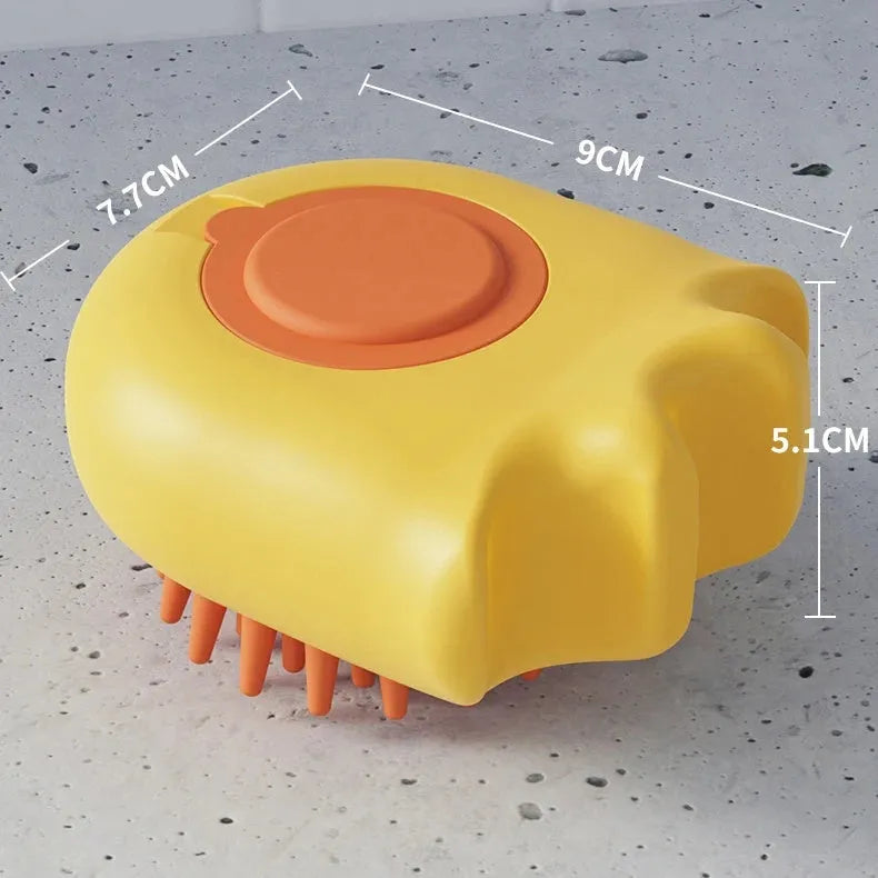 Blue pet bath brush with a built-in shampoo reservoir and massage comb bristles.