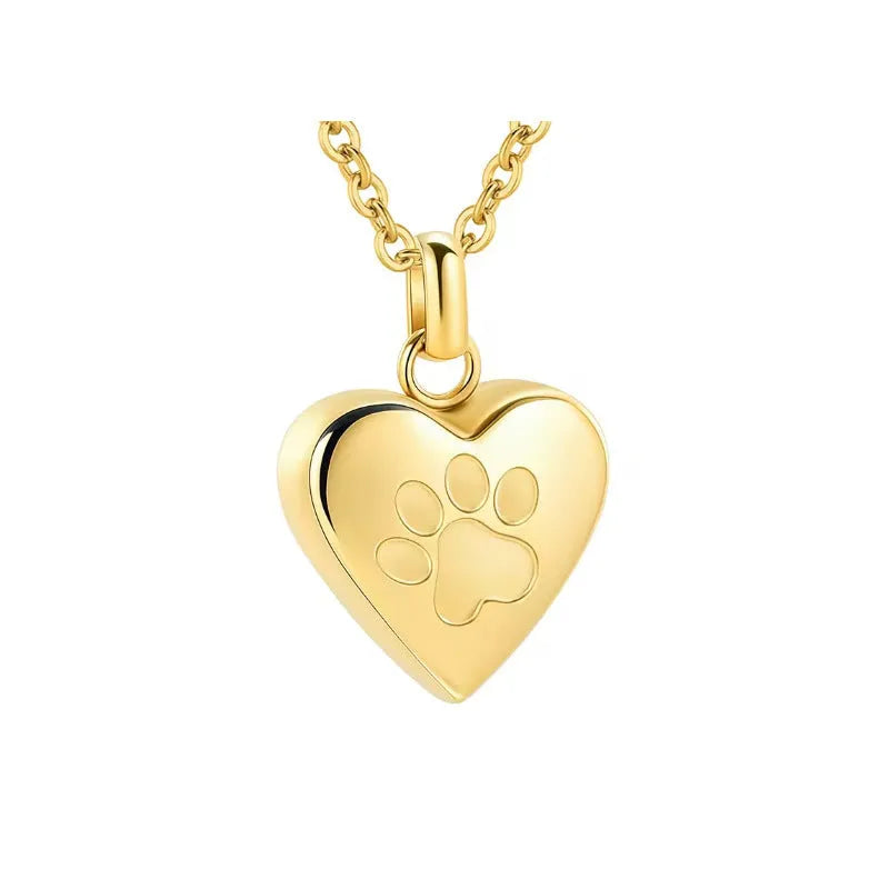 Titanium steel heart pendant necklace with paw print design and openable cinerary casket