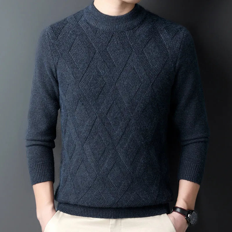 Men's diamond jacquard pattern thermal sweater in polyester fabric, plus size winter pullover