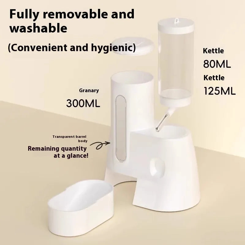 Blue automatic drinking water feeder and food basin for Djungarian hamsters mounted on cage bars