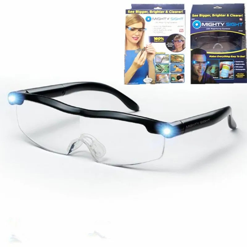 Transparent black USB LED reading light glasses with ABS plastic frame.