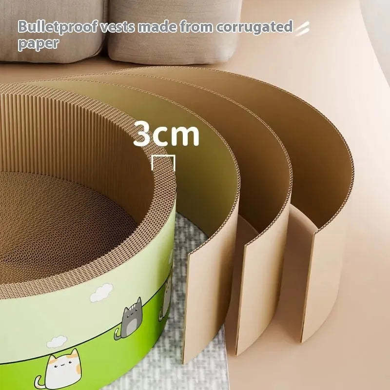 Large round corrugated paper cat scratch board with a deep central pit and integrated base.