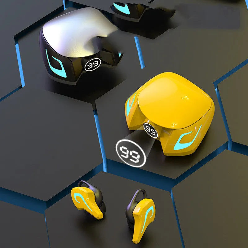 Bluetooth gaming headset with earplug design in black, dark grey, or yellow colours showing wireless earpieces