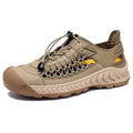 Men's hand-woven closed-toe sandals in light gray with a rubber sole and elastic band.