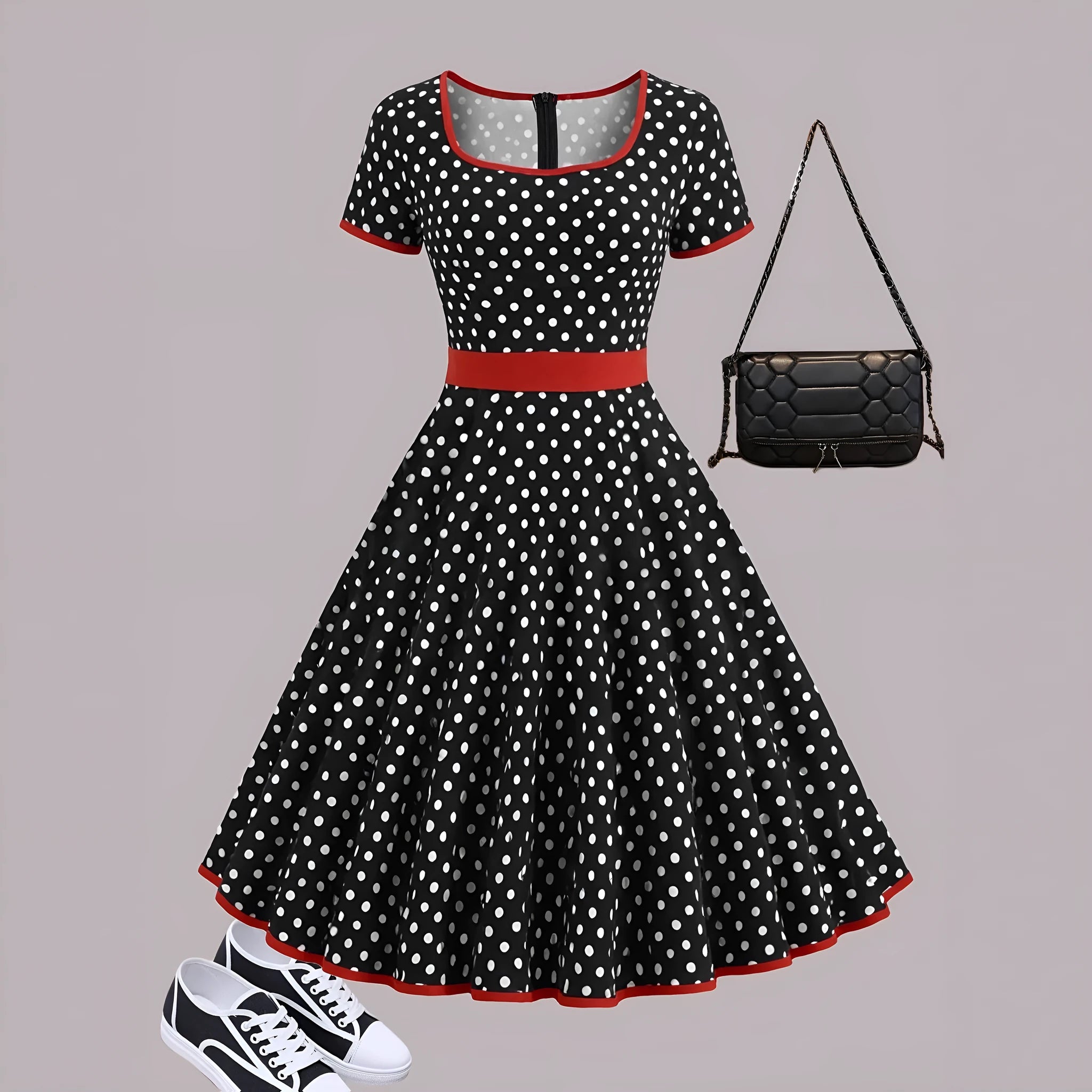Multicolour polka dot pleated dress with square collar, short sleeves, and a front zipper.