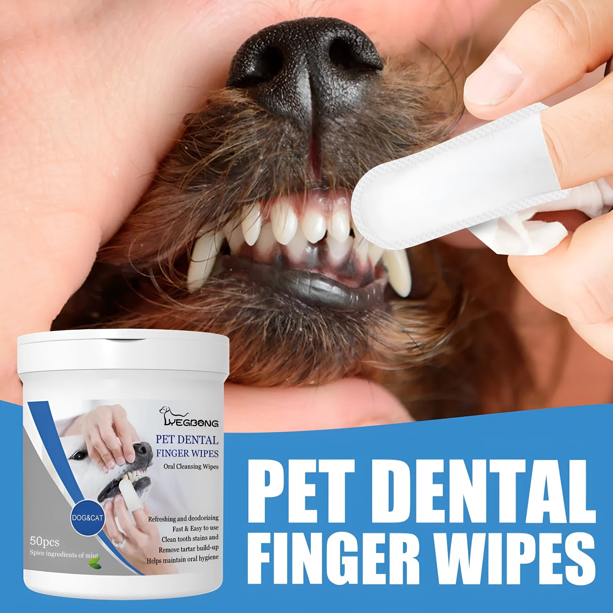 Canister containing 50 disposable finger stall wipes for dog teeth cleaning and oral care