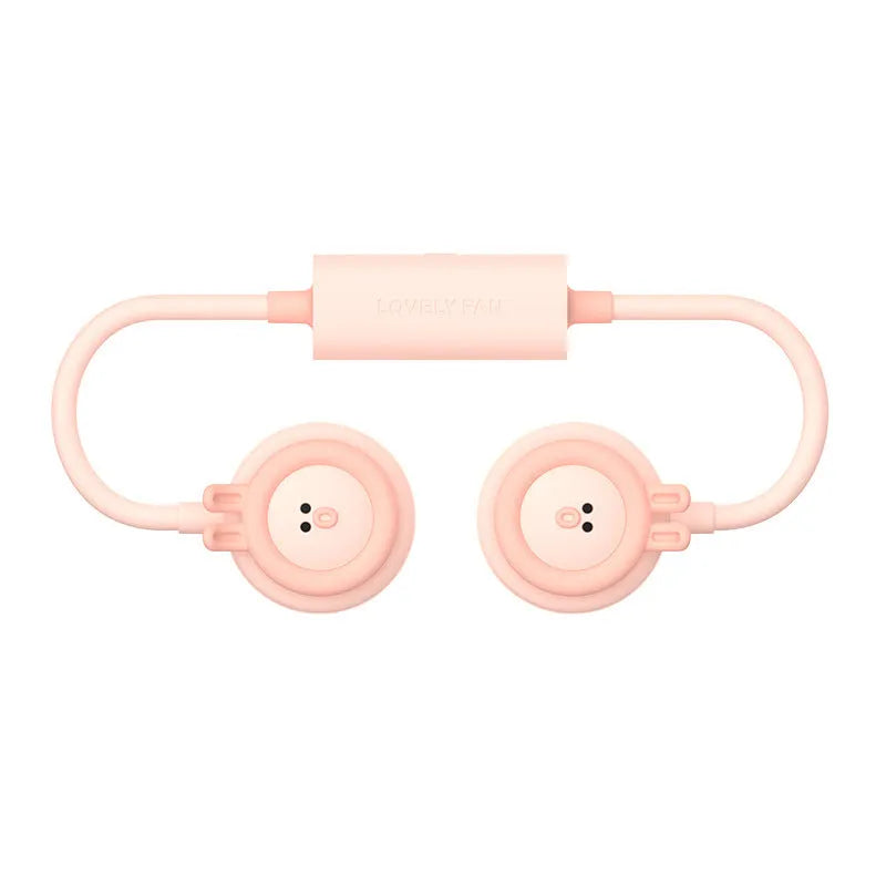 Pink and blue folding leafless hanging neck fan showing compact 195mm design with USB charging port