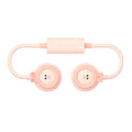 Pink and blue folding leafless hanging neck fan showing compact 195mm design with USB charging port