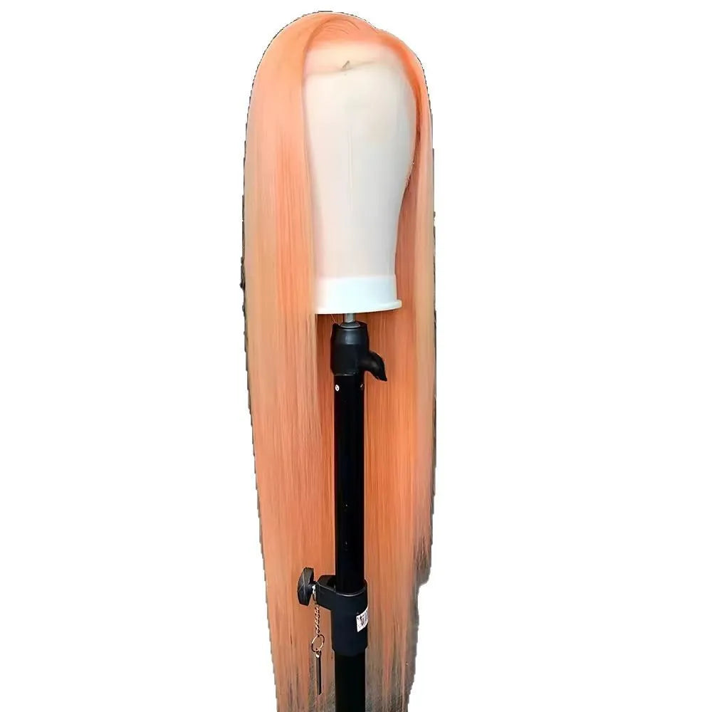 Light orange long straight front lace synthetic wig with side bangs, shown on a wig stand.