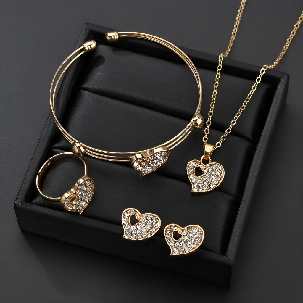 Women's love jewellery set with earrings, pendant and bracelet in gold colour with water drop and bell patterns
