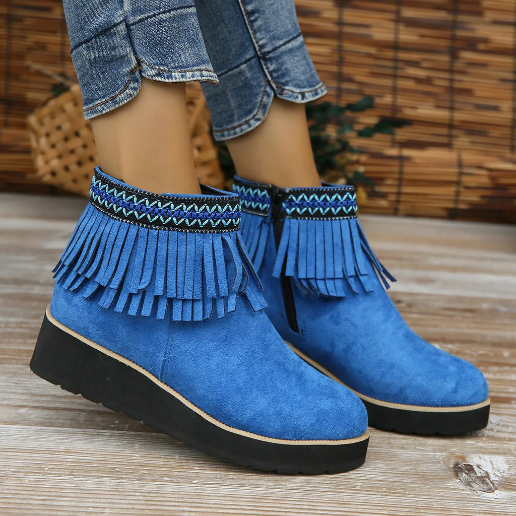 Women's dark brown suede wedge ankle boots with side zip and thick rubber sole