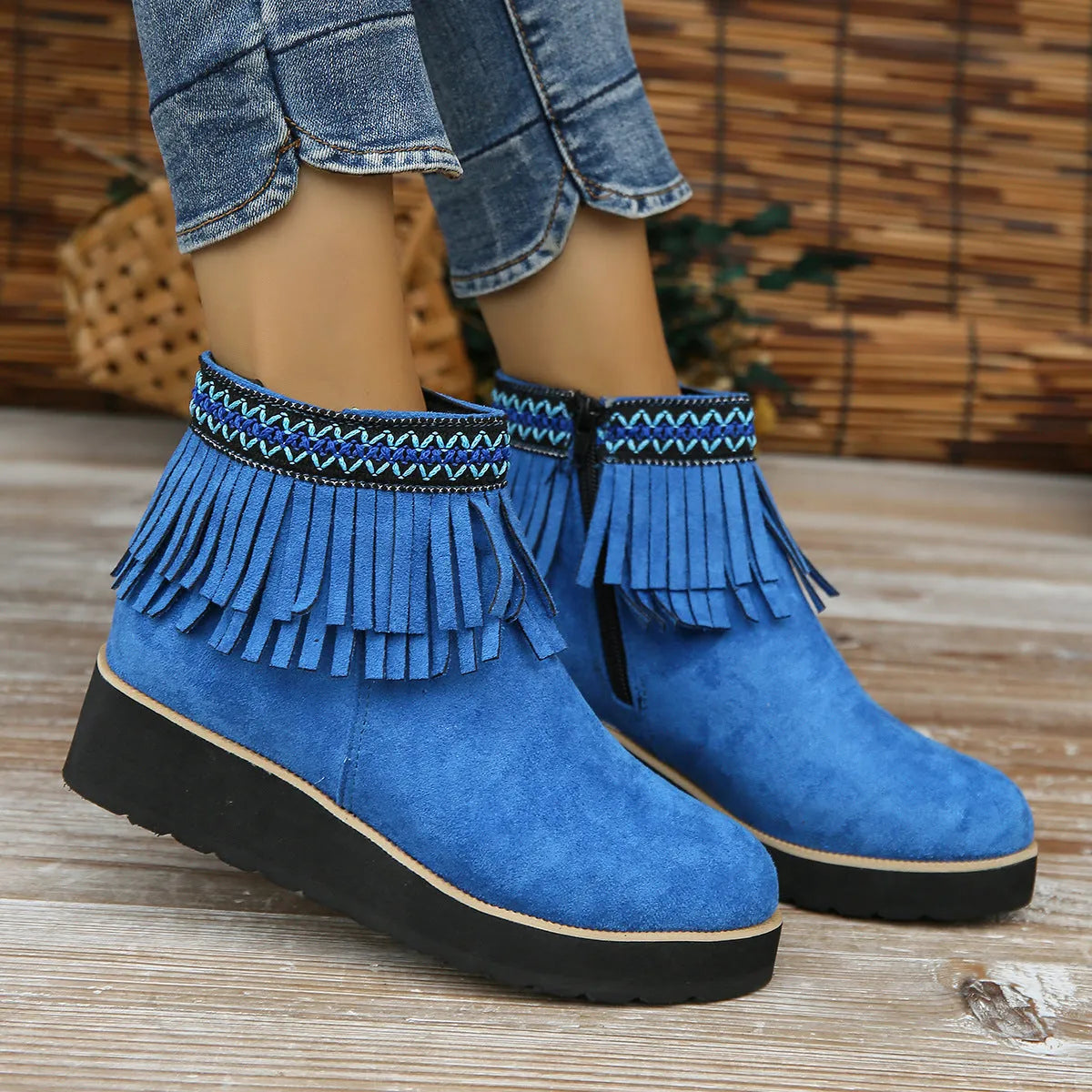 Women's dark brown suede wedge ankle boots with side zip and thick rubber sole