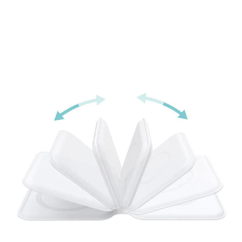 White foldable magnetic wireless charging dock showing dual charging surfaces and compact dimensions