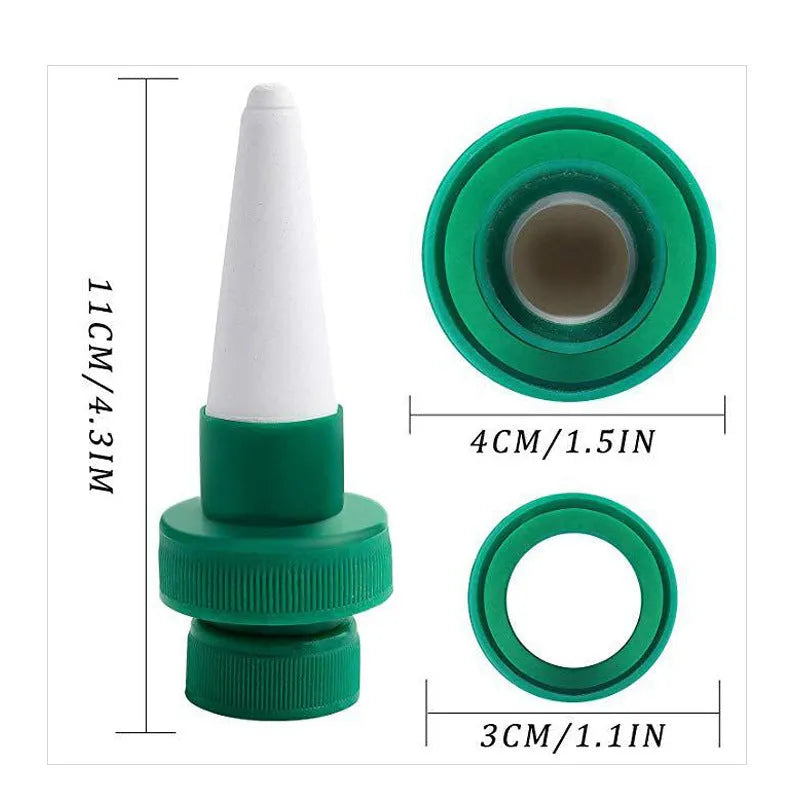 Green ceramic automatic plant watering dripper designed for use with a cola bottle.
