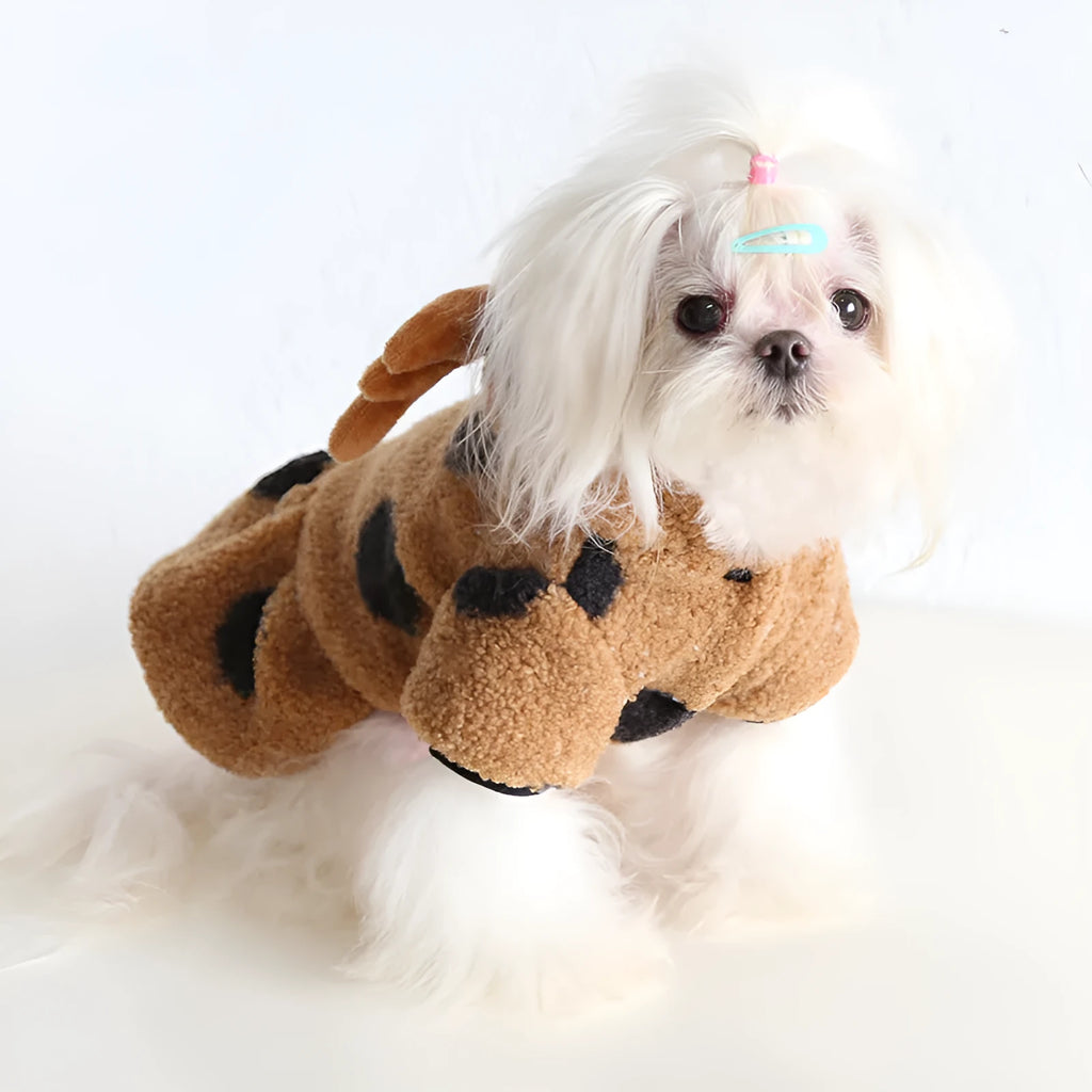 Polka dot pet clothing with elk couple design for dogs and cats in four-leg or skirt style options